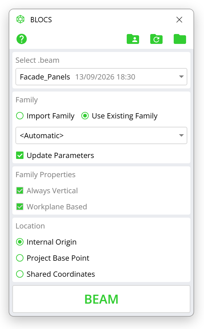 BLOCS dialog with Use Existing Family