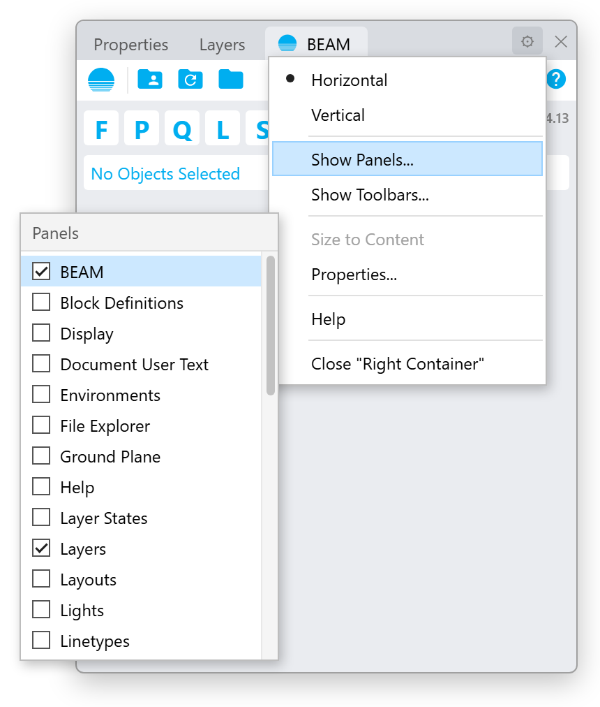 Opening the BEAM panel from the panel options menu