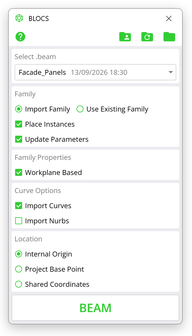 BLOCS dialog with Import Family