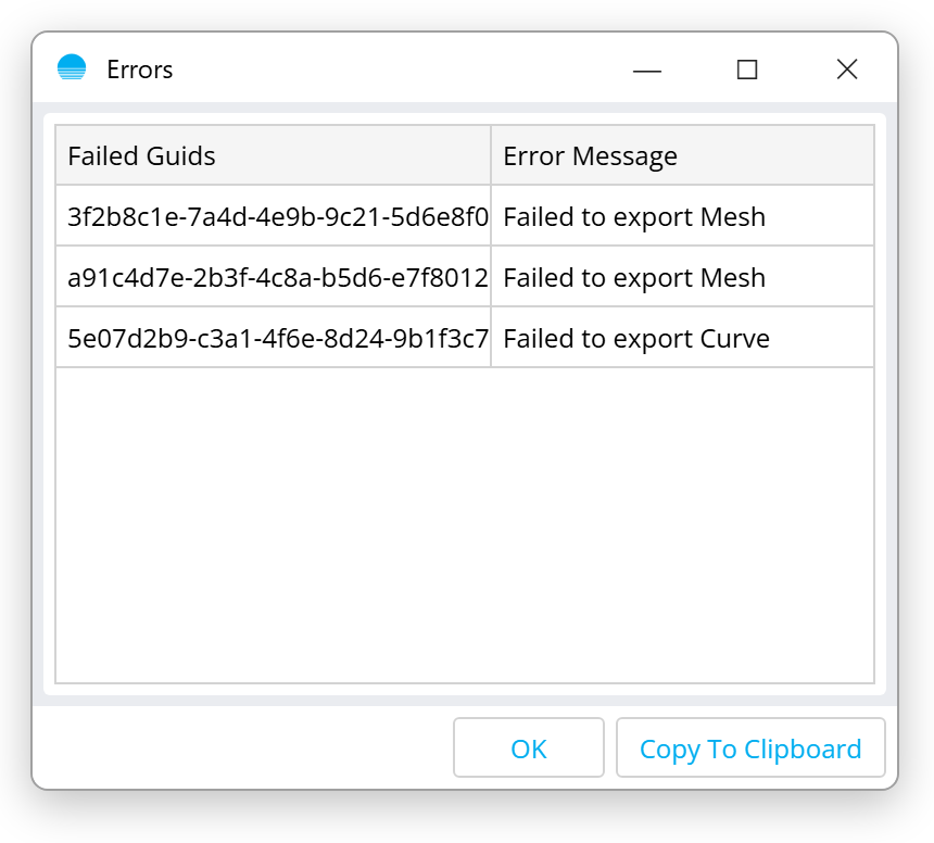 Failed objects dialog